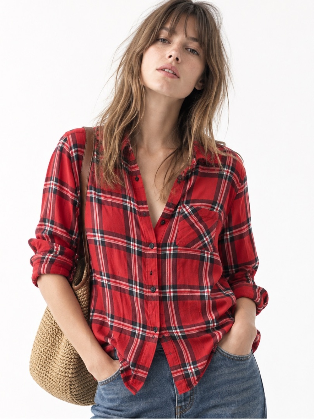 Icône Simons Red Tartan Plaid Button Down Shirt L